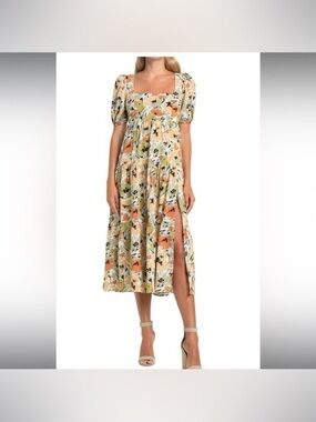 Astr revolve alix Floral Square-Neck Midi Dress slit cottage poplin boho chic co